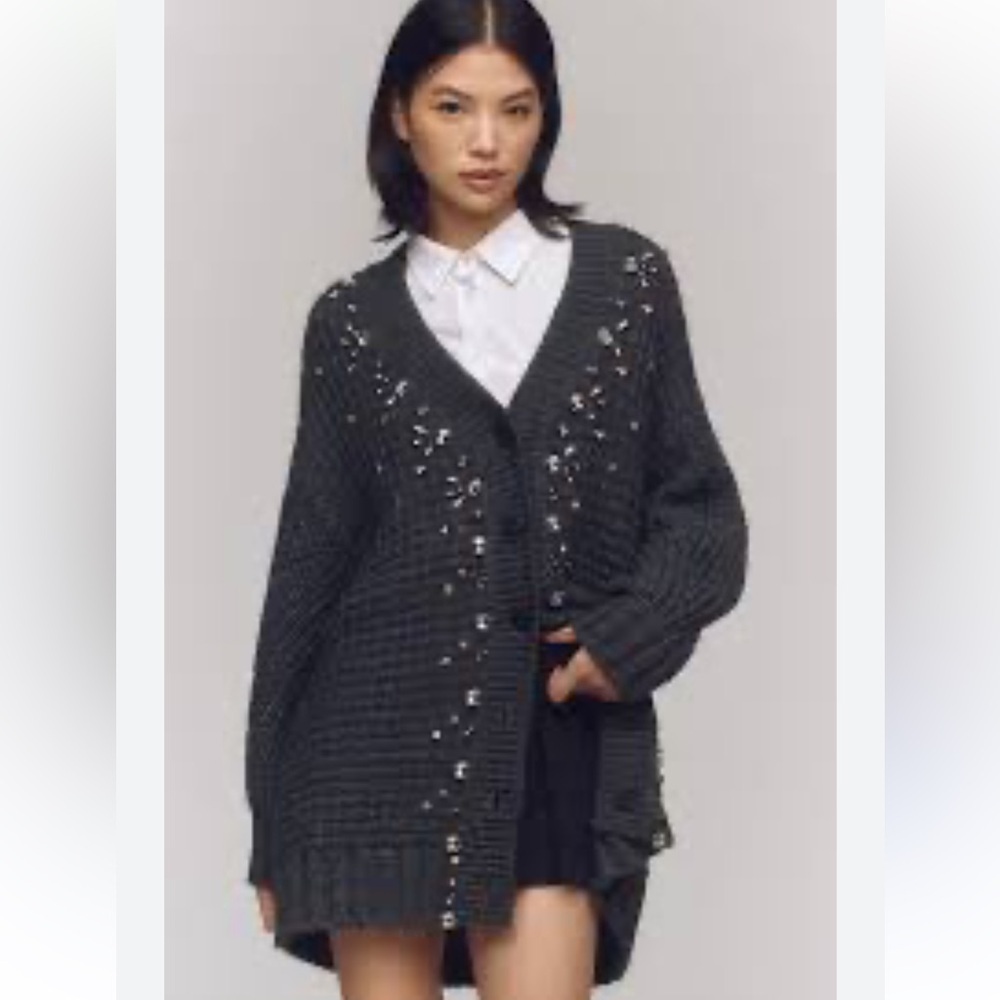 Anthropologie Maeve Oversized Embellished Grey Cardigan Sweater Size Medium
